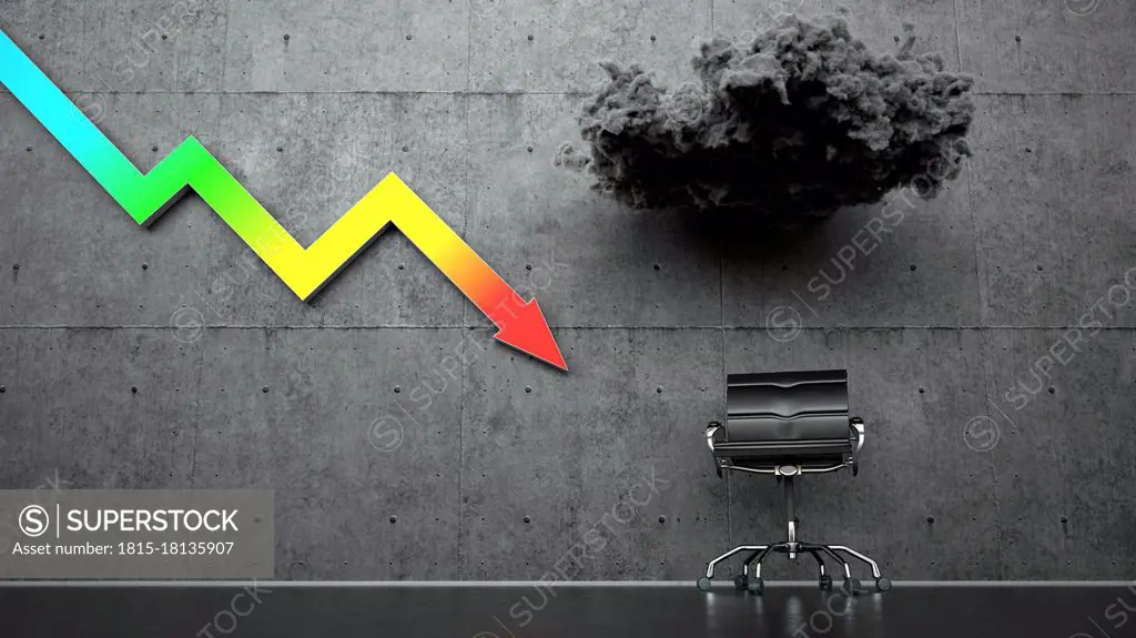 Three dimensional render of office chair standing under storm cloud and colorful graph arrow representing economic recession