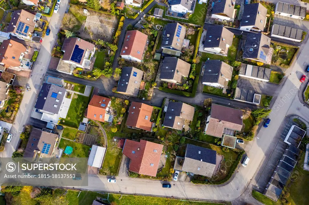 Germany, Baden Wurttemberg, Geislingen an der Steige, Aerial view of modern residential district with photovoltaic system