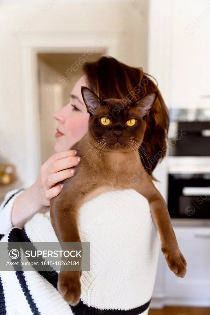 Female pet owner carrying Burmese cat on shoulder at home