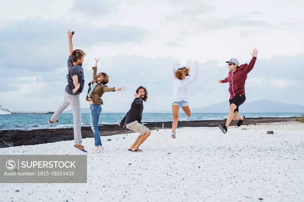 Carefree friends jumping at beach