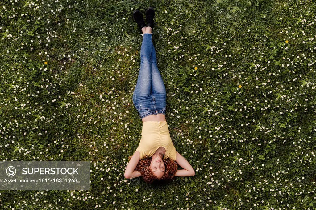 Young woman sleeping on meadow amidst flowers