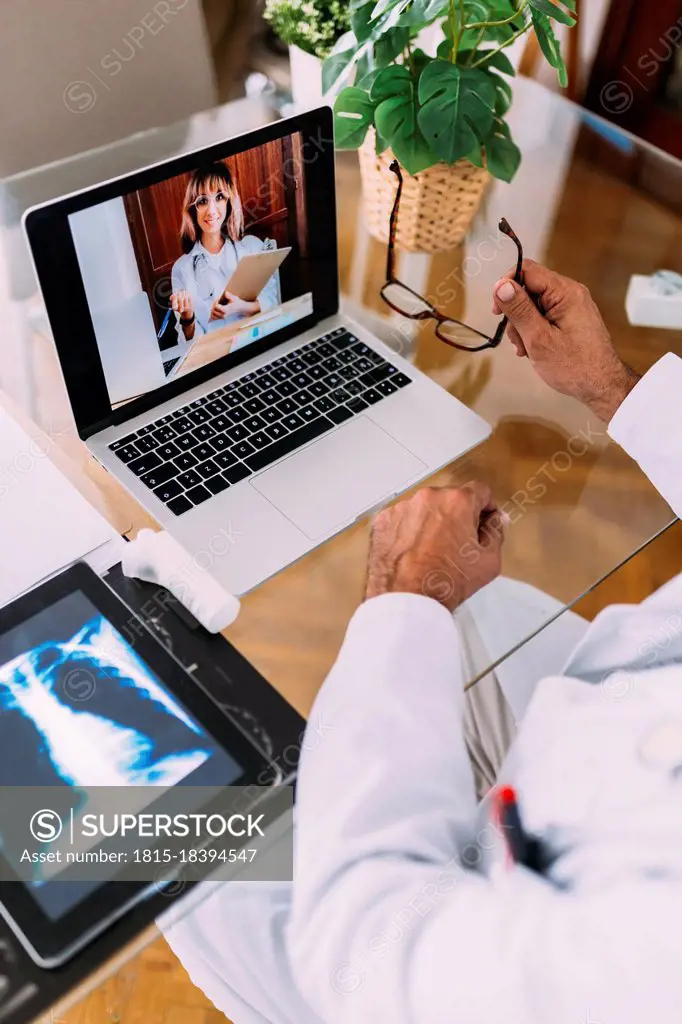 Healthcare colleagues discussing over video call through laptop