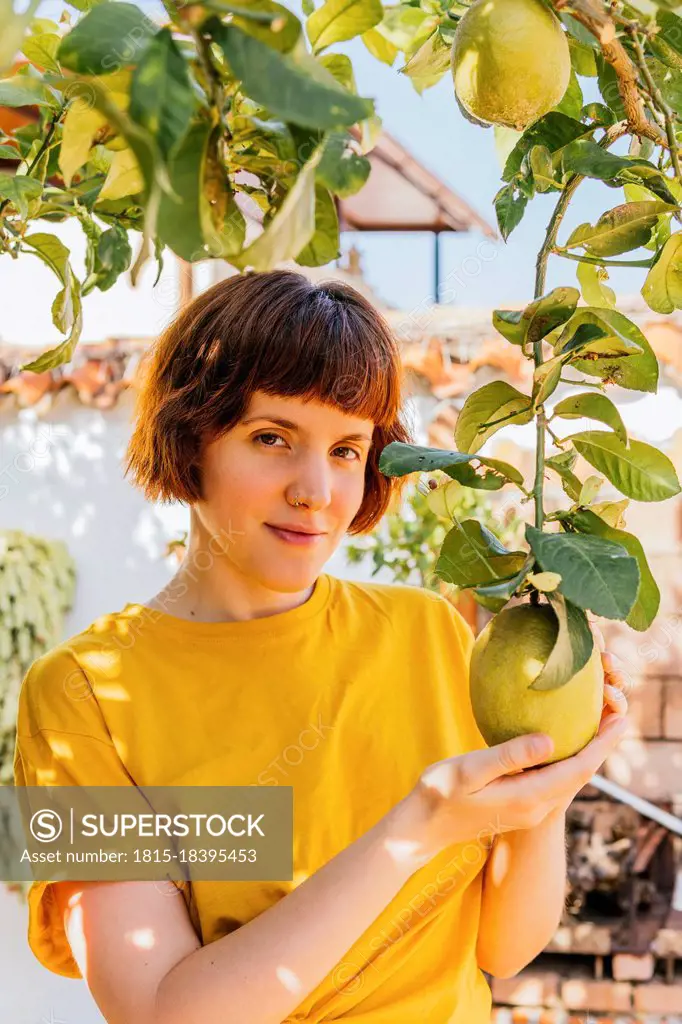 Beautiful woman touching lemon fruit in home garden