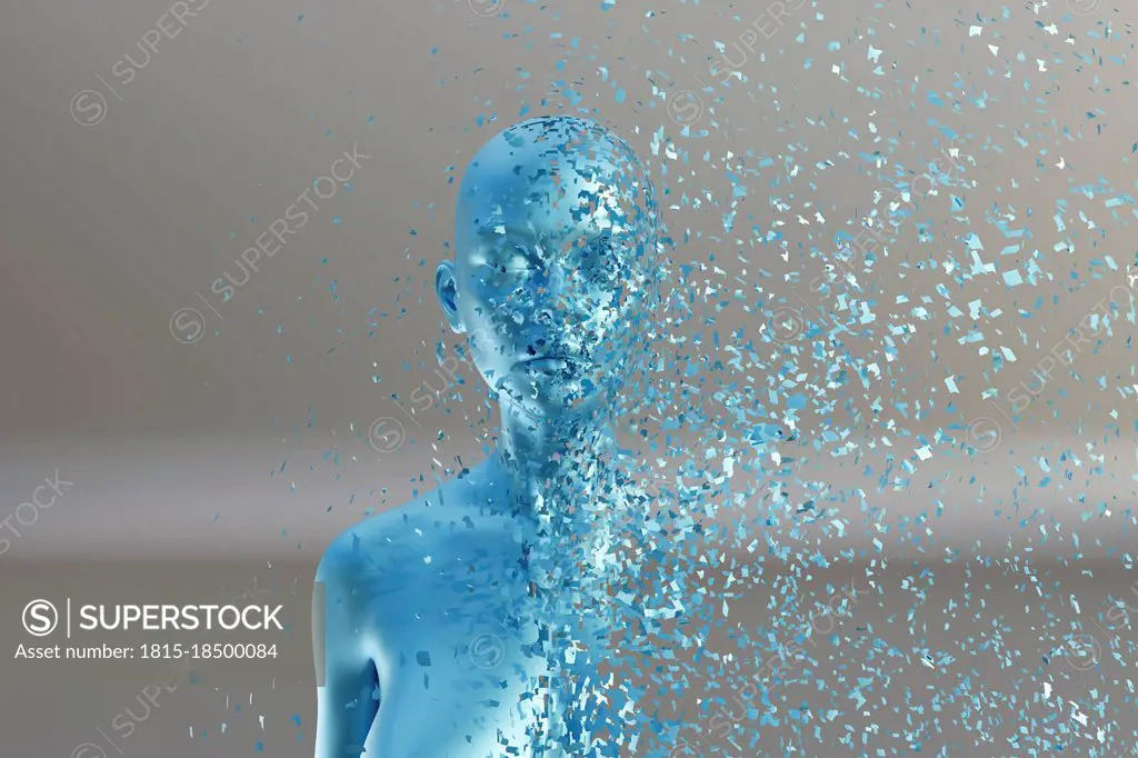 Three dimensional render of woman disintegrating into tiny pieces