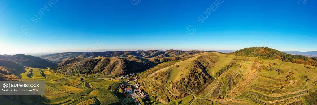 Germany, Baden-Wurttemberg, Vogtsburg im Kaiserstuhl, Aerial panorama of vineyards and volcanic hills of Kaiserstuhl in autumn