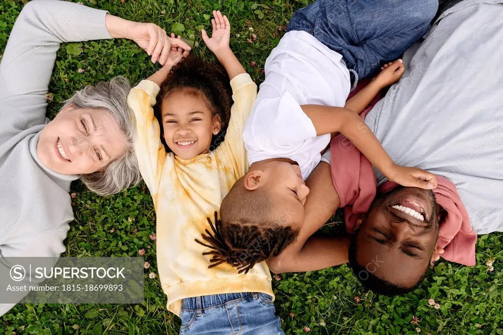 Smiling family resting together on grass