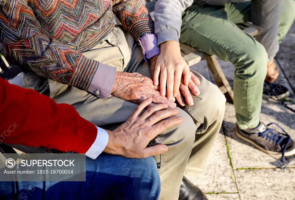 Affectionate boy and father touching hands of grandfather in backyard