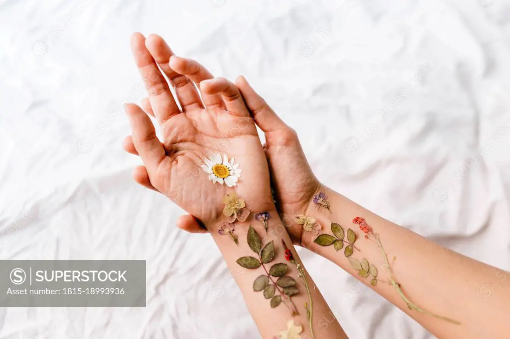 Flowers arranged on woman's hands