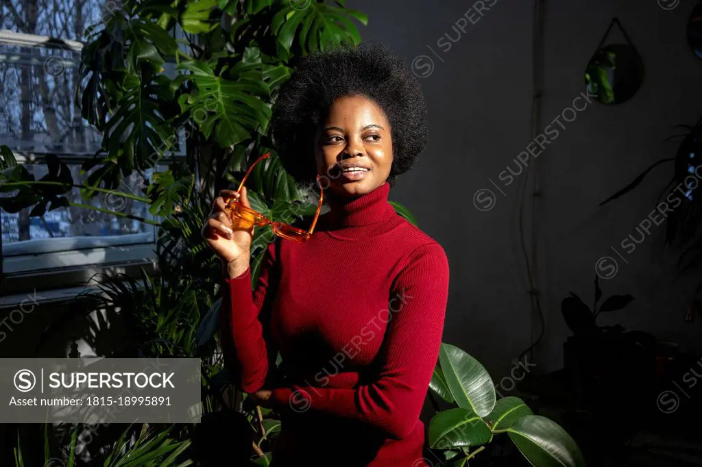 Afro young woman with sunglasses day dreaming by plants at home