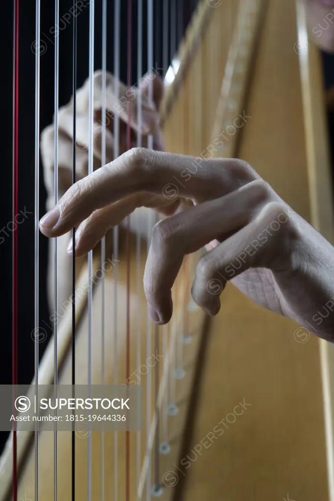 Hands of mature musician playing harp