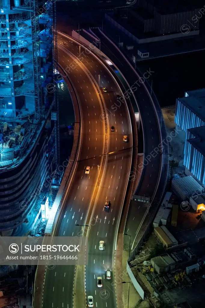 United Arab Emirates, Dubai, Traffic in Dubai Marina at night