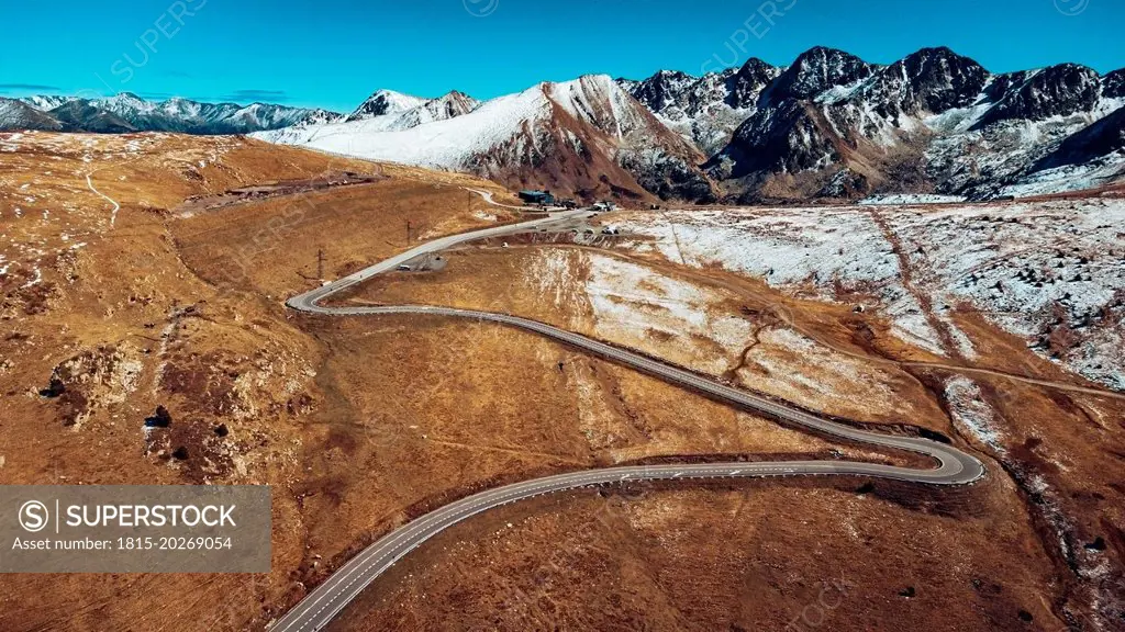 Andorra, Aerial view of El Pas de la Casa pass in autumn