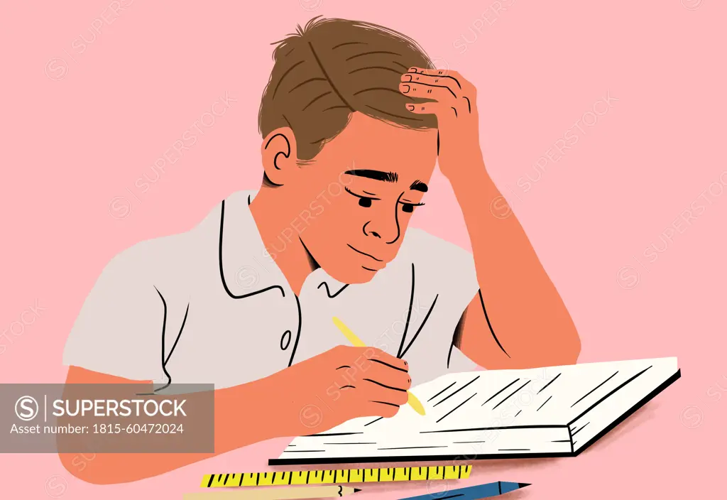 Pensive boy studying intensely with notebook and pencil