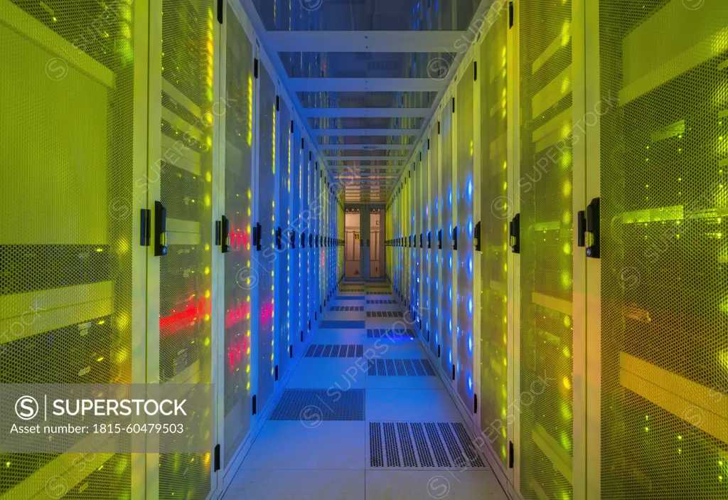 Multi colored server room of data center