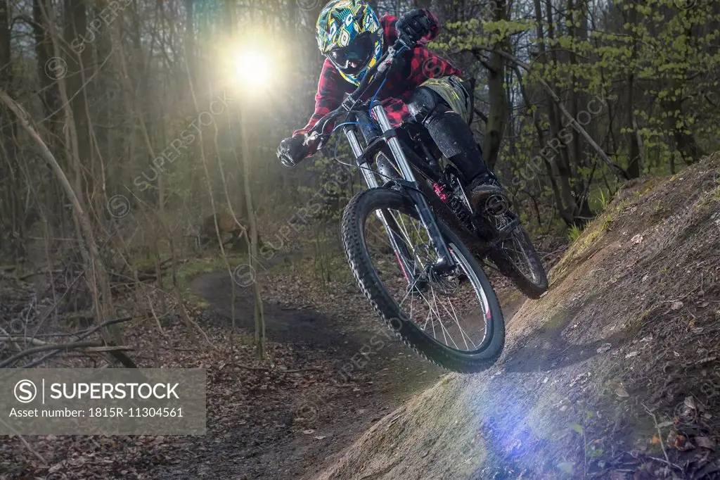 Germany, Lower Saxony, Deister, Bike Freeride in forest