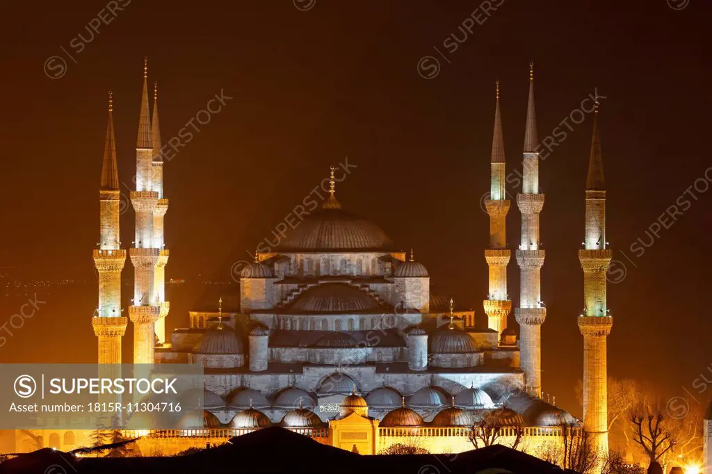 Turkey, Istanbul, Blue Mosque by night