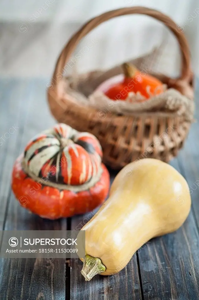 Butternut squash, Turban squash and Hokkaido pumpkin on dark wood