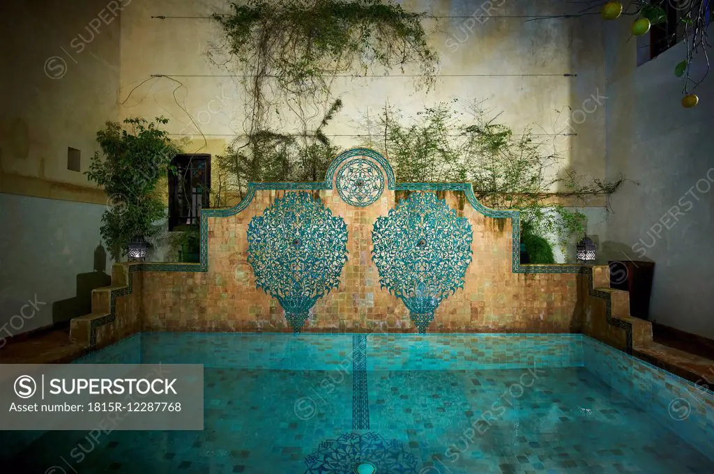 Morocco, Fes, Hotel Riad Fes, pool by night