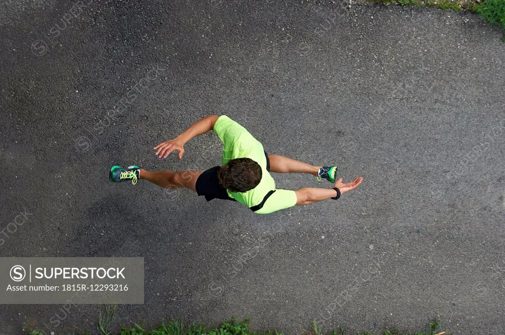 Elevated view of running man