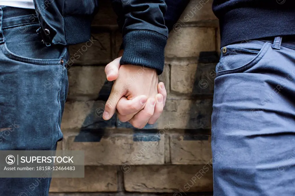 China, Hong Kong, close-up of gay couple holding hands