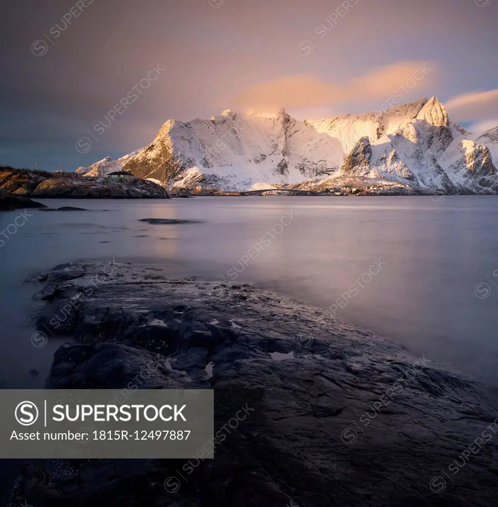 Norway, Lofoten, view to Sakrisoy at sunrise