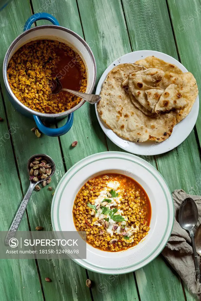 Red lentil soup with yogurt and flatbread