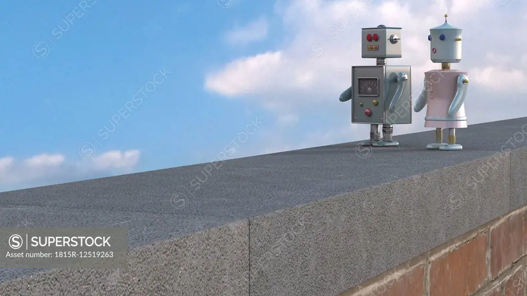 Male and female robot on wall ledge, 3D rendering