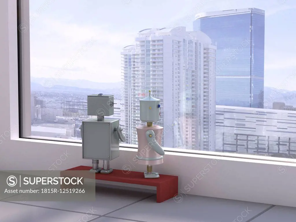 Male and female robot at the window looking at skyline, 3D rendering