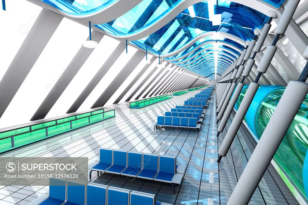 Waiting area of a futuristic airport, 3D Rendering