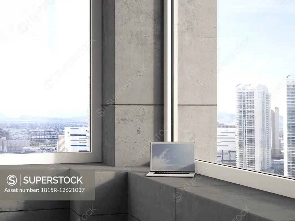 Laptop standing on window sill in a modern high-rise building, 3D Rendering