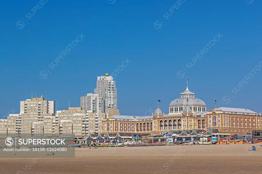 Netherlands, The Hague, Scheveningen, Beach with historic Kurhaus, Hotel