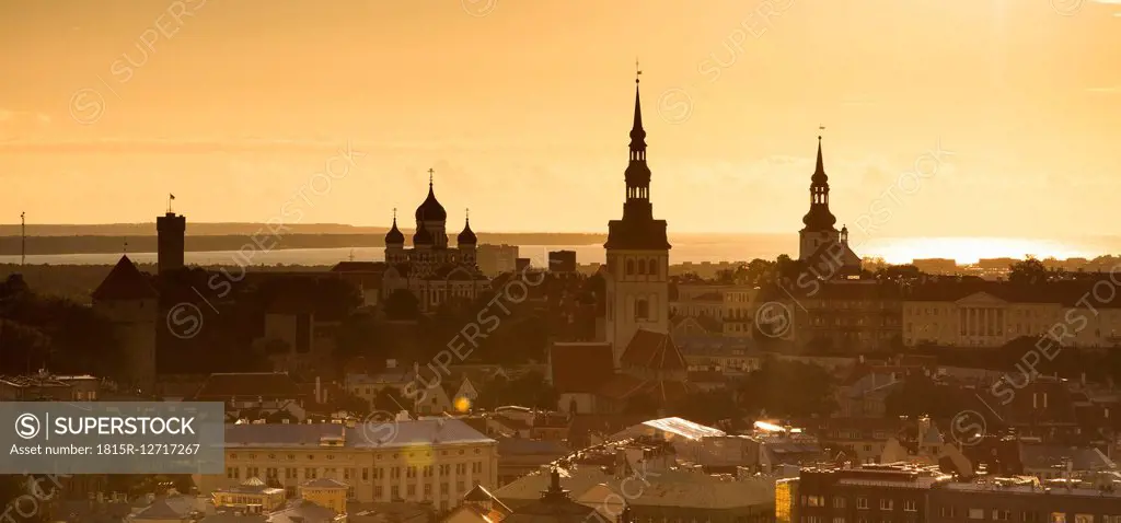 Estonia, Tallinn, Cityview at sunset, Panorama