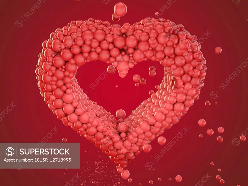 Heart built of bubbles in front of red background, 3D Rendering