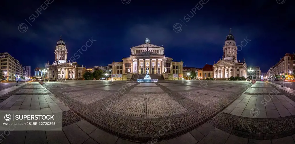 Germany, Berlin, panoramic view of Gendarmenmarkt by night