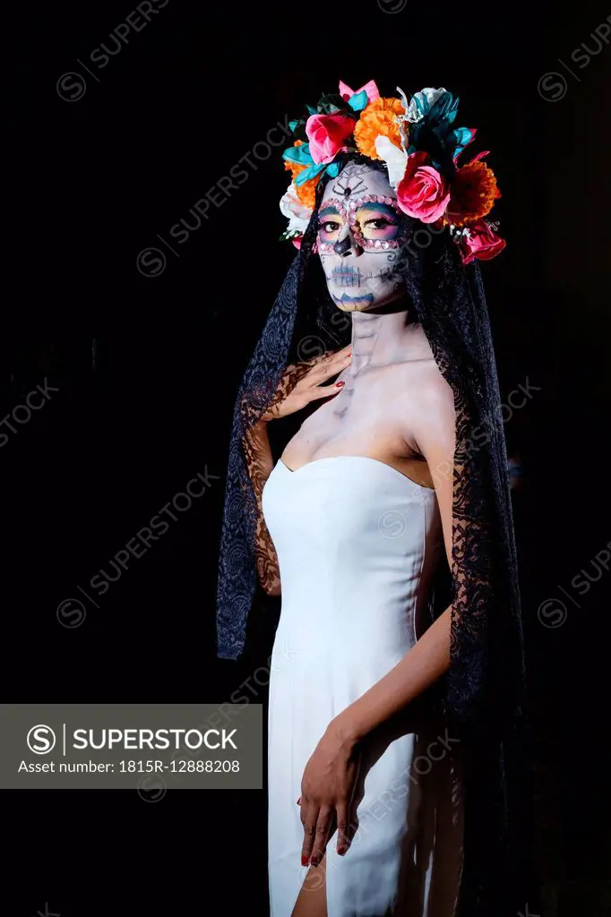 Woman dressed as La Calavera Catrina, Traditional Mexican female skeleton figure symbolizing death