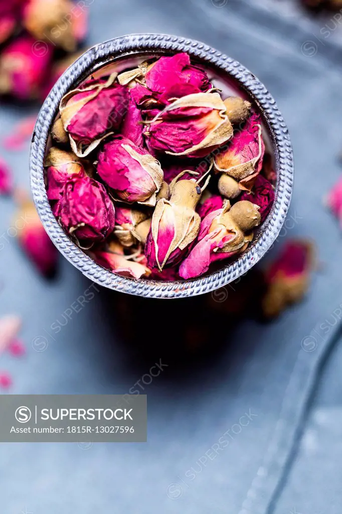 Bowl of dried rose blossoms