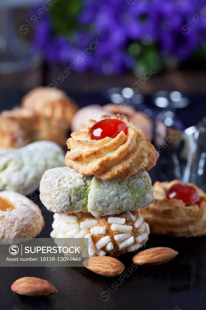 Stack of three different Italian almond cookies