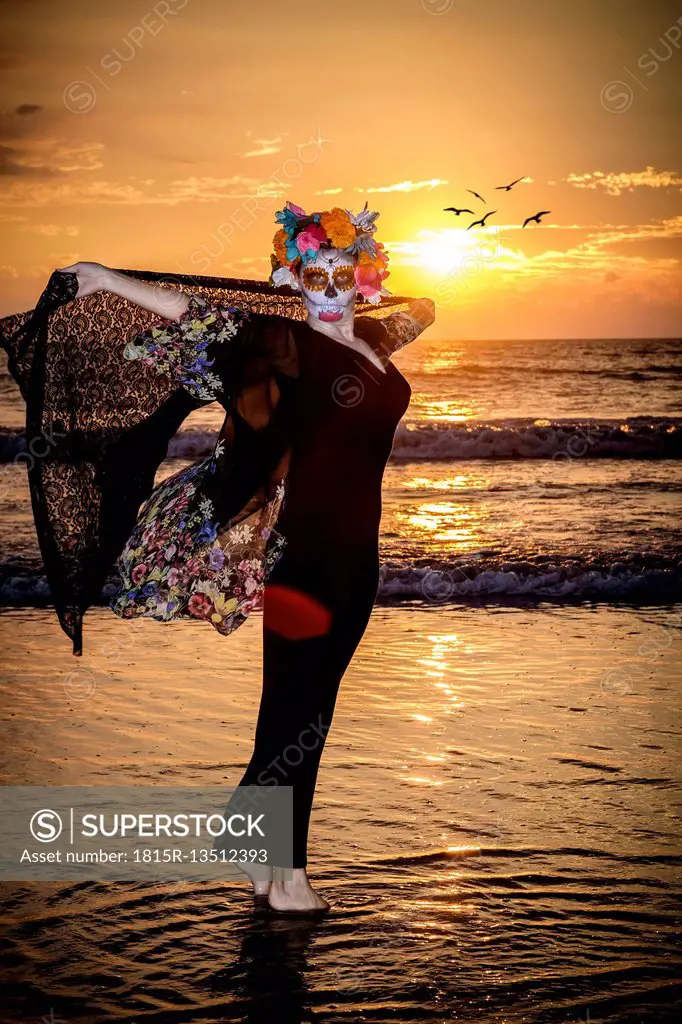 Mexico, Riviera Nayarit, female skeleton figure symbolizing the celebration of death on Dia de Los Muertos