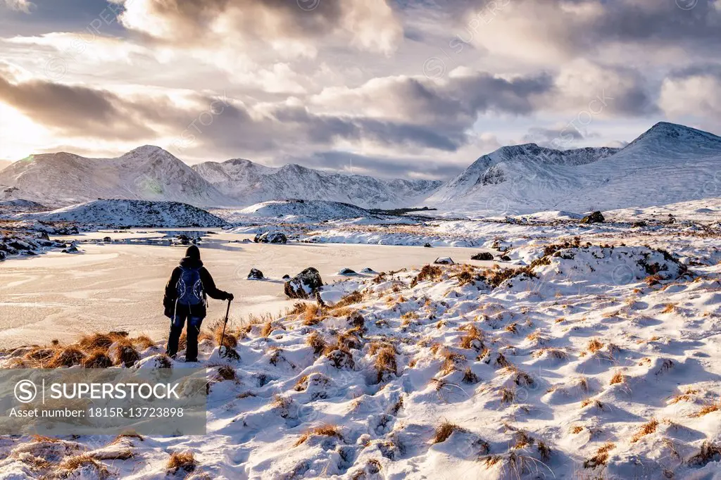 UK, Scotland, Rannoch Moor, Loch Ba and Black Mount Mountain Range, Female walker