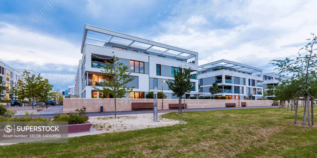 Germany, Heidelberg, Bahnstadt, passive house development area in the evening