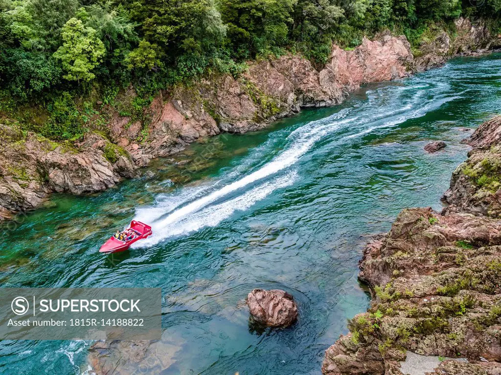 New Zealand, South Island, Westcoast, power boat on Buller River