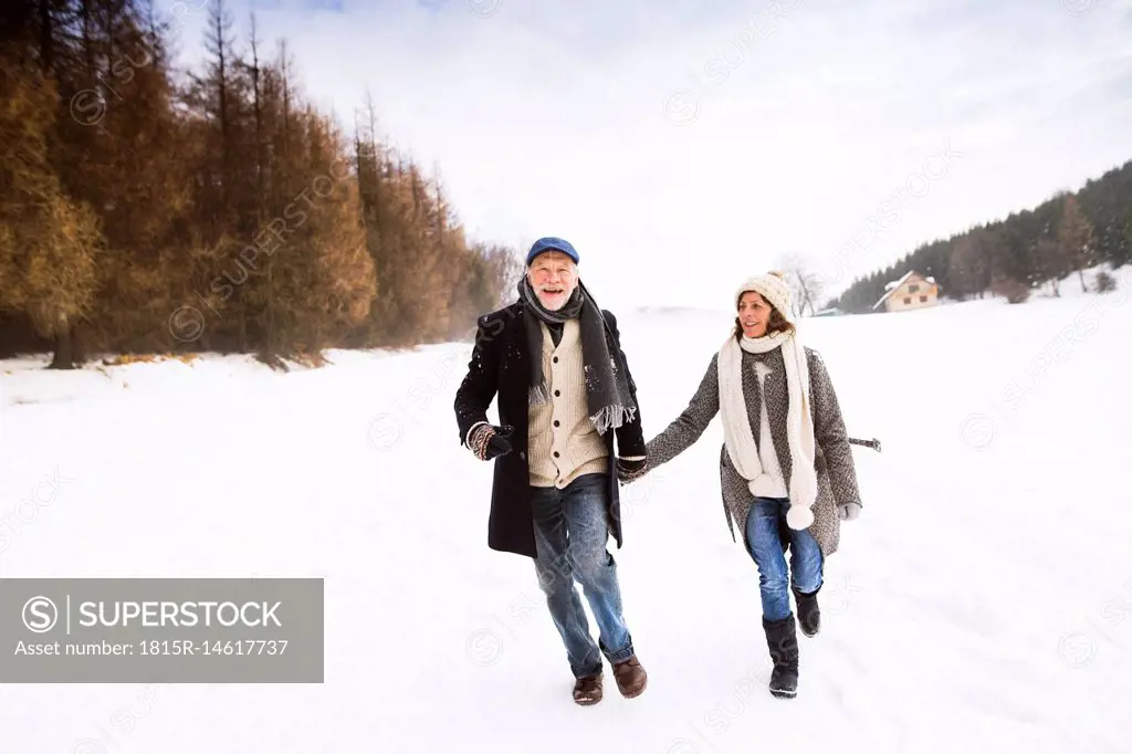 Happy senior couple walking in snow-covered landscape