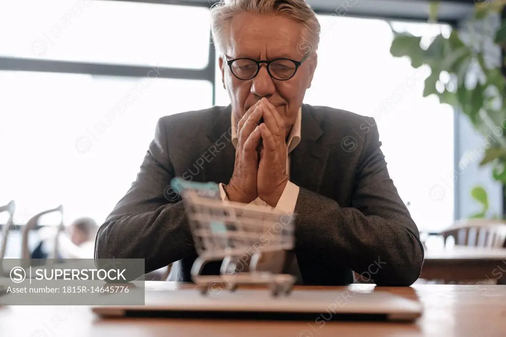 Senior businessman looking at shopping cart on laptop