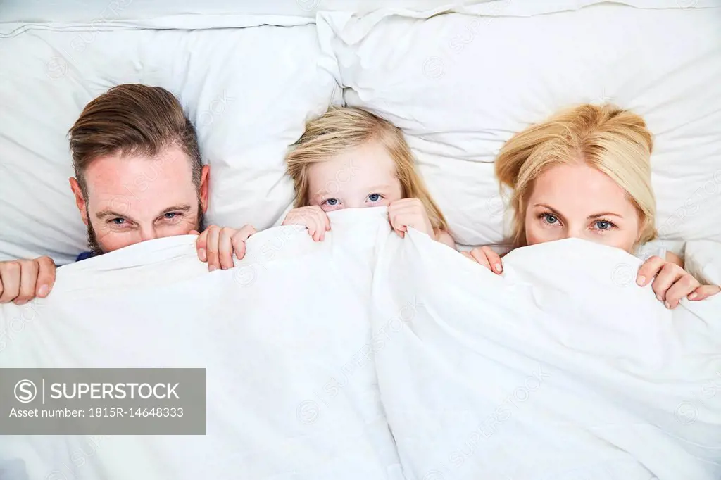 Portrait of family lying in bed hiding under blanket