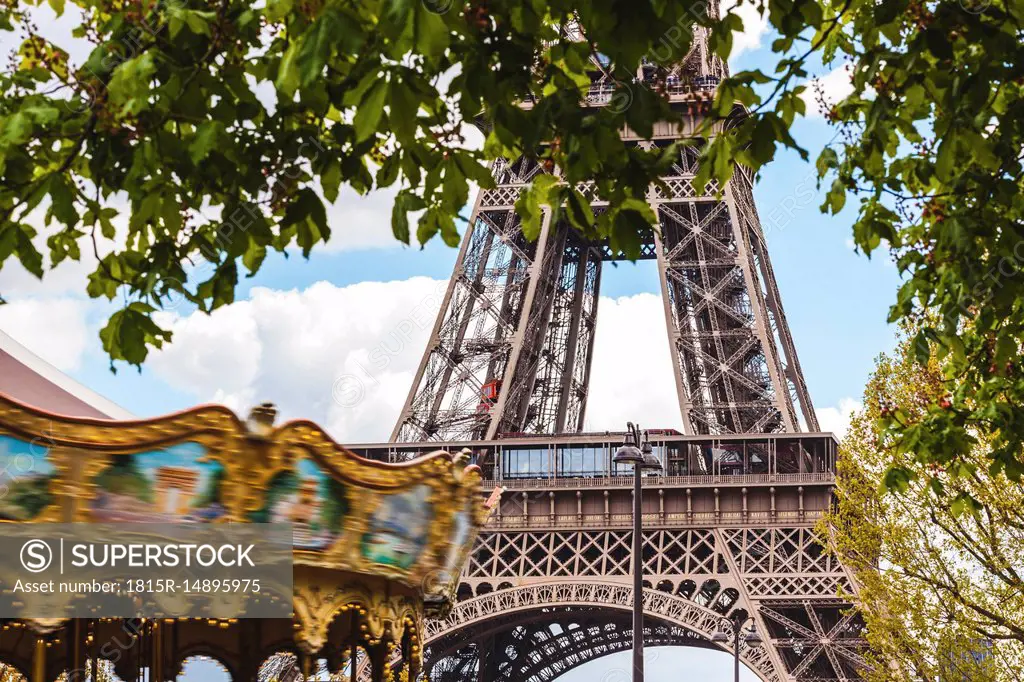 France, Ile-de-France, Paris, Eiffel tower and carousel