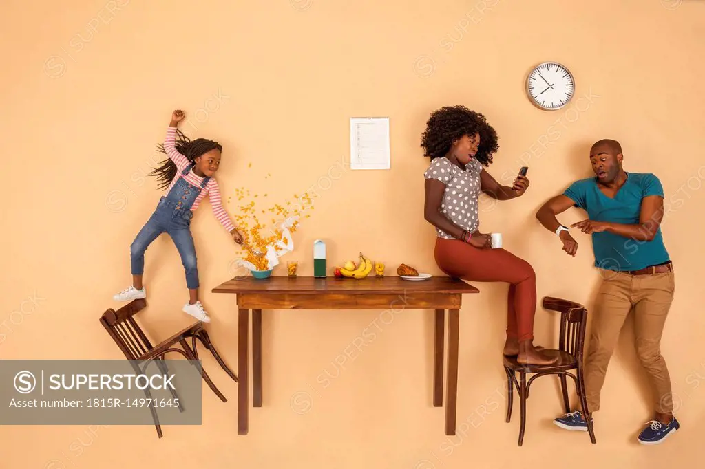 Stressed out family having breakfast in the kitchen