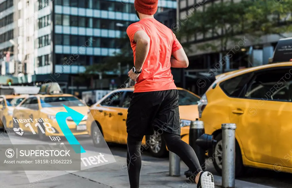 USA, New York City, man running in the city with data around him