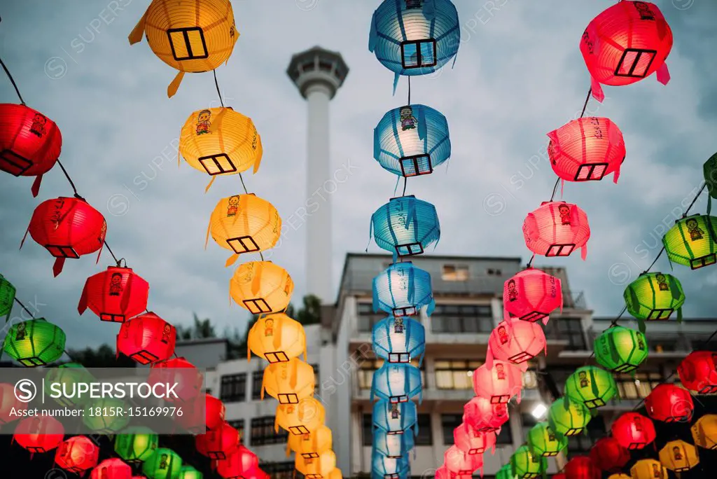 South Korea, Seoul, colorful lanterns, Busan Tower in the background