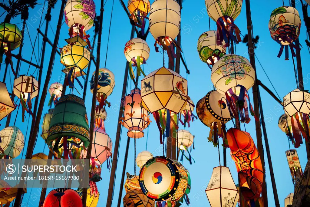 South Korea, Seoul, Lanterns lit up in the Buddhist temple of Jogyesa