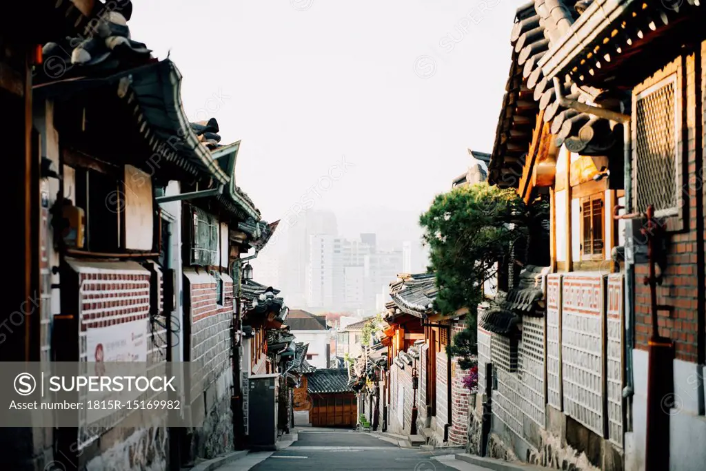 South Korea, Bukchon Hanok Village, street with traditional houses